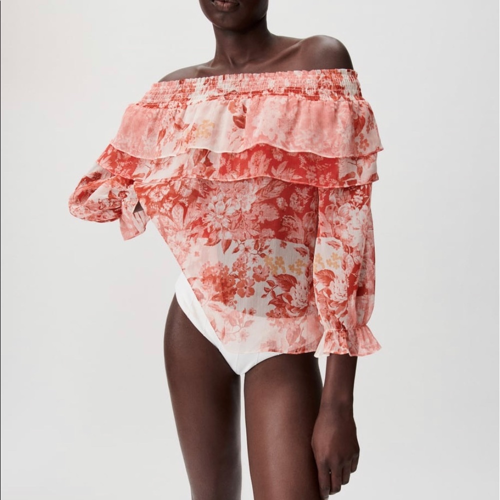 Zara Printed Ruffled Strapless Top Pink / White